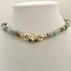 Hand Knotted Rondelle Amazonite Bead Necklace-Mother of Pearl Clover - Vanessadesigns4u Amazonite Necklace, Beautiful Gold Necklaces, 18k Gold Necklace, Clover Charm, Gold Necklaces, Gold Choker, Necklace Online, Classic Gold, Keep Jewelry