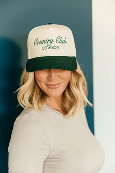 Calling all cowgirls! Elevate your style with our Country Club Cowboy Trucker Hat. Featuring an embroidered western graphic, this trendy hat is the perfect accessory to complete any casual outfit. Perfect for spring and summer, wear it to concerts and festivals for a chic and fashionable look. Will Ship 7/10! Twill cap Made in USA Embroidery at front and side panel Adjustable back strap Brim measures approx 3" in lengthOS measures approx 23.55" in circumference Retro Snapback Hats For Country Events, Retro Trucker Hat For Country Events, Retro White Hat For Rodeo, Retro Adjustable Trucker Hat For Country Events, Spring Rodeo Trucker Hat, One Size Fits Most, Western Style Baseball Cap For Rodeo In Summer, Western Style Baseball Cap For Summer Rodeo, Spring Rodeo Trucker Hat One Size Fits Most, Western Style Snapback Hat For Summer Rodeo