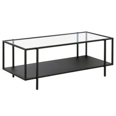 a glass and metal coffee table with shelves on the bottom, against a white background