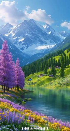 a beautiful mountain scene with flowers and trees in the foreground, and a lake on the far side