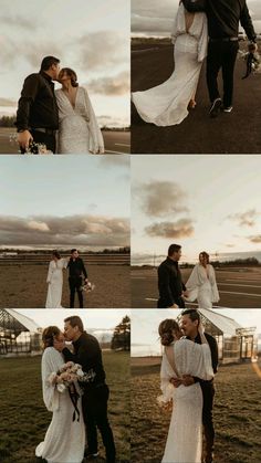 the bride and groom are kissing in front of their wedding party at sunset on the beach