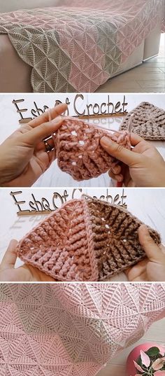 crochet patterns for afghans and blankets are shown in three different colors, including pink