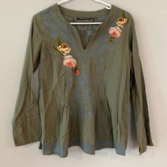 Army Green Breathable Long Sleeve With Flower Embroidery. Very Cute And Never Worn As It Doesn’t Fit Me. Perfect Condition Bundle And Save Green Embroidered Long Sleeve Tops, Embroidered Green Blouse For Fall, Green Long Sleeve Top With Floral Embroidery, Spring Embroidered Green Blouse, Casual Green Blouse With Floral Embroidery, Spring Green Blouse With Intricate Embroidery, Green Long Sleeve Top With Intricate Embroidery, Green Embroidered Spring Tops, Green Long Sleeve Embroidered Top