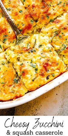 a cheesy zucchini and squash casserole with a serving spoon