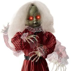 a creepy doll dressed in red and white striped dress with glowing eyes, holding her hands out