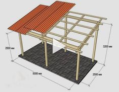 a wooden structure with measurements for the roof and side walls, including an awning