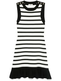 Find SANDRO Striped Mini Dress on Editorialist. This sleeveless mini dress from SANDRO is crafted from a stretch-design knit with a horizontal stripe pattern. It features a crew neck, decorative button detailing, a fitted waistline, and a ruffled hem. The dress is unlined and has a thigh-length silhouette. Design Knit, Striped Mini Dress, Mini Dress Black, Sleeveless Mini Dress, Mens Activewear, Party Dresses For Women, Ladies Party, Womens Maxi Dresses, Womens Sweatpants