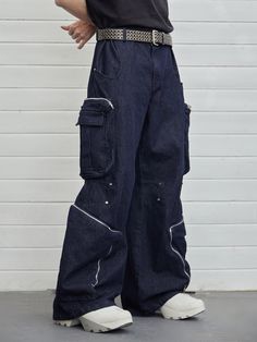 The Modern Deconstructed Wide-Leg Cargo is a pinnacle of avant-garde and futuristic design, featuring a water-washed aged look adorned with four exaggerated zippered large pockets and rivet decorations. Its adjustable waistband ensures a perfect fit, while the wide-leg design and premium fabric offer both style and comfort. This piece is ideal for those seeking a statement garment that combines innovative design with practicality. Avant-garde and futuristic style Water-washed aged appearance Fou Casual Pants For Women, Silly Clothes, Space Fashion, Future Clothes, Futuristic Style, Fashion Materials, Men Fashion Casual Outfits, Futuristic Design, Adjustable Waistband