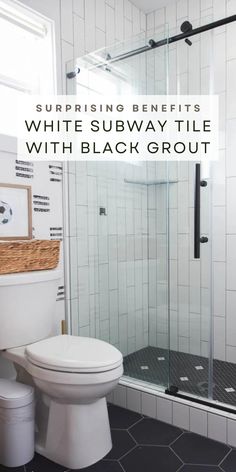 white subway tile with black grout for bathroom floor and walls, including the shower