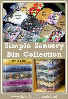 some bins filled with different types of items and labeled in the words, simple sensory bin collection