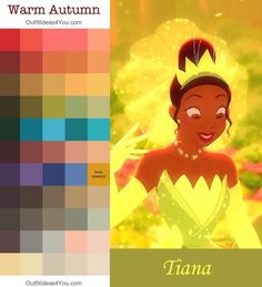 the princess and the frog character from disney's animated movie, tiana with color swatches