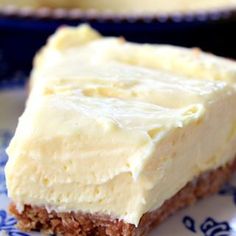 a piece of cake sitting on top of a blue and white plate