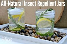 two mason jars filled with lemons and green tea are sitting on a white tray