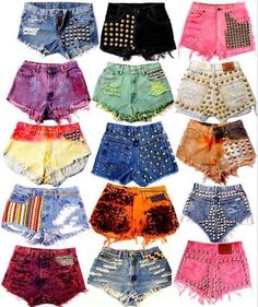 High waisted Shorts Inspiration, Diy Jean Shorts, 80s Shorts, Diy Jeans, Studded Shorts, Diy Shorts, Fun Clothes, Denim Inspiration, Pastel Outfit