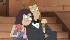 a man in a tuxedo sitting next to a woman holding an ice cream cone