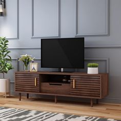 a flat screen tv sitting on top of a wooden entertainment center next to a potted plant