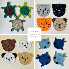 crocheted animal coasters are shown in four different colors and sizes, including one with