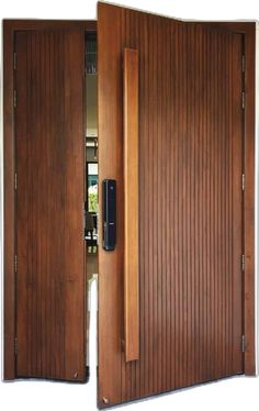 an open door with wooden slats on the outside and side panels in brown color