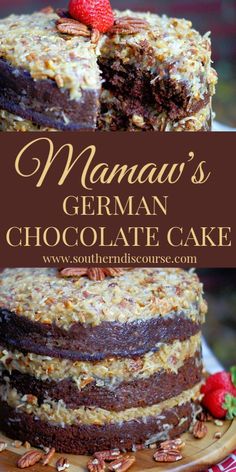 a close up of a cake on a plate with the words mamau's german chocolate cake