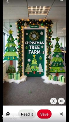 an office decorated for christmas with fake trees and presents on the front door that says christmas tree farm