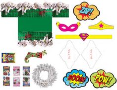 an assortment of paper toys including masks, wreaths and other items to make a super hero costume