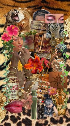 a collage of pictures with different items and animals on them, including leopard print