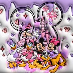 an image of mickey mouse and friends in front of a castle with fireworks on it