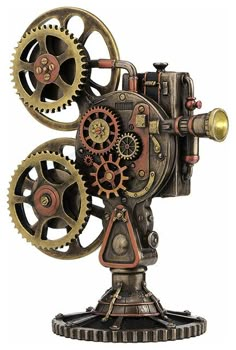 an old fashioned clock with gears attached to it's sides, on a white background