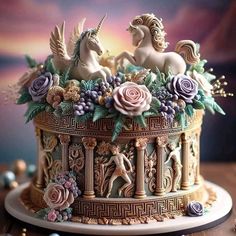 an elaborately decorated cake with unicorns and flowers on it's sides, sitting on a table