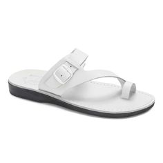 Model wearing Abner White, handmade leather slide sandals with toe loop - Side View Mens Slide Sandals, Toe Ring Sandals, Toe Loop Sandals, Mens Shoes Sandals, Modern Men, Toe Ring, Buckle Sandals, Toe Rings, Cross Straps