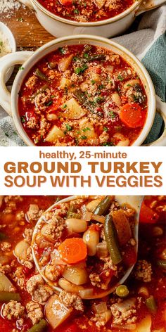 two bowls of ground turkey soup with veggies