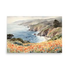 a painting of an ocean view with orange flowers in the foreground