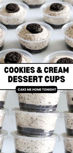 cookies and cream dessert cups are stacked on top of each other with the words cookies and cream dessert cups above them