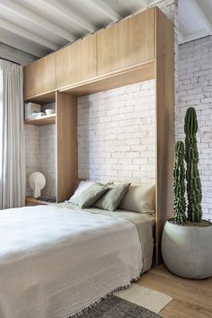 a bedroom with a white brick wall and wooden shelves above the bed, along with a cactus plant