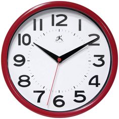 a red and white clock with black numbers on the face is shown against a white background