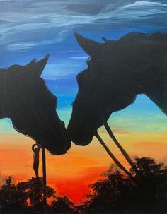 two horses kissing each other in front of an orange and blue sky