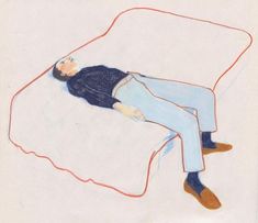 a drawing of a man laying on top of a bed with his head resting on the pillow