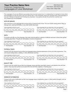 The languages of love are different ways people show love and receive love. In a relationship, it’s important to know which love languages you identify with and which ones your partner identifies with most. Our Languages of Love Worksheet PDF template (Editable, Fillable, Printable) is perfect for counselors, psychologists, psychiatrists, social workers, therapists, and other mental health professionals.  This Languages of Love Worksheet PDF can be downloaded and used with all your clients, givi Relationship Worksheets Free Printable, Languages Of Love, Distress Tolerance Worksheets, Life Coaching Worksheets, Coaching Worksheets, Existential Therapy, Coping Skills Worksheets, Couples Therapy Worksheets, Anger Management Worksheets