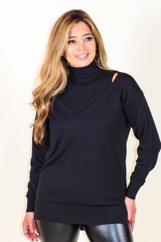 Show off some skin while staying all cozy and cuddled up in this super cute layered sweater! -Color: Black -V-neck with ribbed mock neck layered -Long sleeves -Cold shoulder -Very stretchy & soft -Content: 50% Viscose 28% Polyester 22% Nylon -Imported -Model is 5' 5" 36-30-40 and wearing a size Small Layered Sweater, Layered Long Sleeve, Sweater Layering, Cold Shoulder Sweater, Shoulder Sweater, Modern Fashion, Mock Neck, Cold Shoulder, Clothing Brand