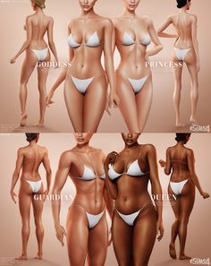 several different types of women in bikinis and swimsuits, all showing the same size