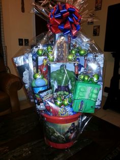 a gift basket filled with various items on top of a table