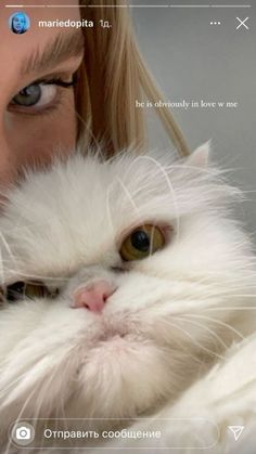 a woman is holding a white cat in her arms and the caption reads, i love you so much