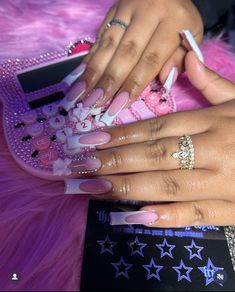 Pink Nail Sets With Charms, Y2k Nails Acrylic Long Pink, Long Pink Acrylic Nails With Charms, Xl Kawaii Nails, Kawaii Long Acrylic Nails With Charms, Long Acrylic Nail Designs, French Acrylic Nails, French Tip Acrylic Nails