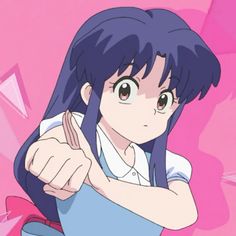 an anime character with blue hair pointing at something