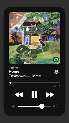 an audio player with the words home on it's screen and music play button