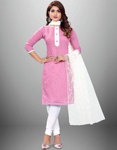 Trendy Traditional Party Wear Salwar Suit Pink Cotton Pant Straight Front View Traditional Party Wear, White Dupatta, Party Wear Salwar, Churidar Suits, Pink Bottom, Cotton Dupatta, Taffy, Cotton Bottoms, Salwar Suit