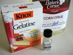 the ingredients for baking are displayed on the counter top, including cake mix and gelatin