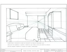 a line drawing of a bedroom with bed and desk in the corner, on top of a sheet of paper