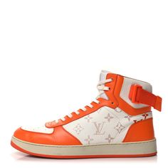 These are authentic LOUIS VUITTON Calfskin Monogram Rivoli High Top Sneakers Size 9 in Orange. These luxurious high tops are crafted of orange and white monogram calfskin leather. The shoe also features straps at the ankles. Orange Top, Recording Studio, Authentic Louis Vuitton, High Top, Top Sneakers, Calf Skin, High Tops, High Top Sneakers, Louis Vuitton