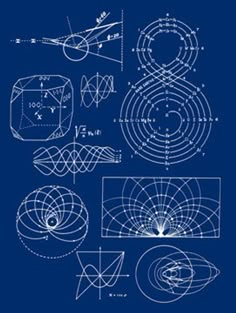 blueprint drawing of various shapes and sizes on a dark blue background with white lines